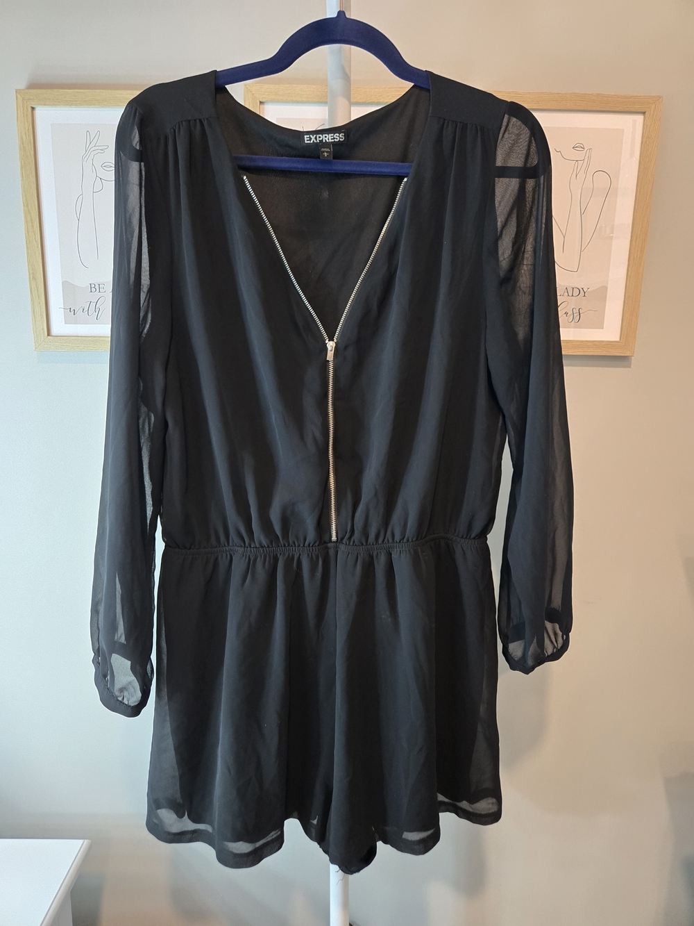 Express Black Sheer Long Sleeve Romper with Front Zip